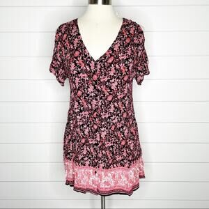 Staring At Stars Floral Cold Shoulder Button Front Mini Dress Red Black Medium